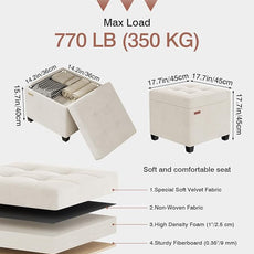 17.7 inches Velvet turfed Ottomans Cube with Storage, Metal-Framed Square Linen Storage Ottoman Foot Rest Stool Holds 770 LB for Dorm Living Room Bedroom White UASND64W