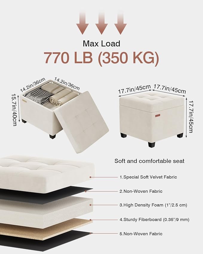 17.7 inches Velvet turfed Ottomans Cube with Storage, Metal-Framed Square Linen Storage Ottoman Foot Rest Stool Holds 770 LB for Dorm Living Room Bedroom White UASND64W