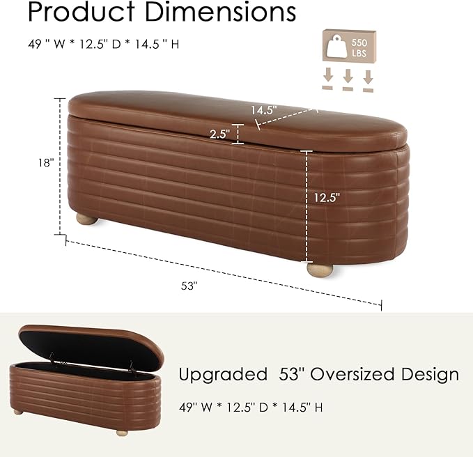53" Storage Bench PU Leather Ottoman Bench Upholstered Bench End of Bed Stool with Safety Hinge for Bedroom, Living Room, Entryway, Brown