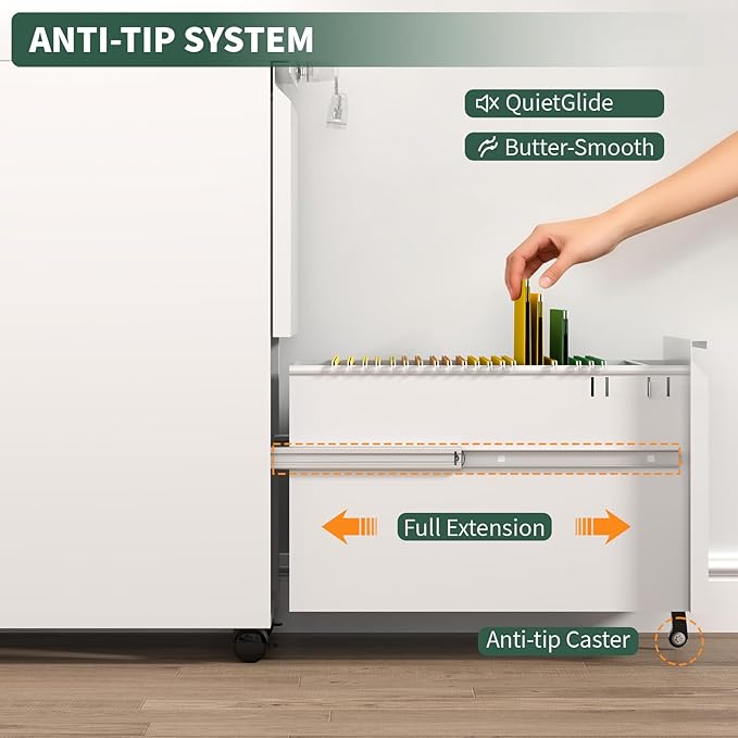 2 Drawer File Cabinet with Lock,Under Desk Rolling Small Filing Cabinet for Home Office Storage, Mobile Steel Cabinets with Wheels, Fully Assembled, White