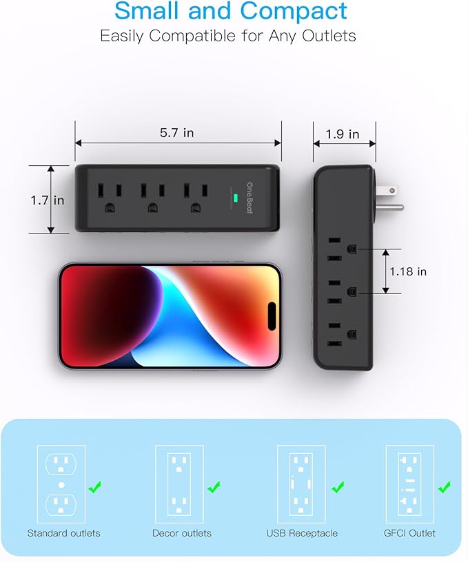 Surge Protector Outlet Extender with Rotating Plug, 9 AC Multi Plug Wall Outlet Expander, 1800J Wall Charger, 3-Sided Power Strip Electrical Plug Adapter Outlet Splitter for Home Office Dorm - Black
