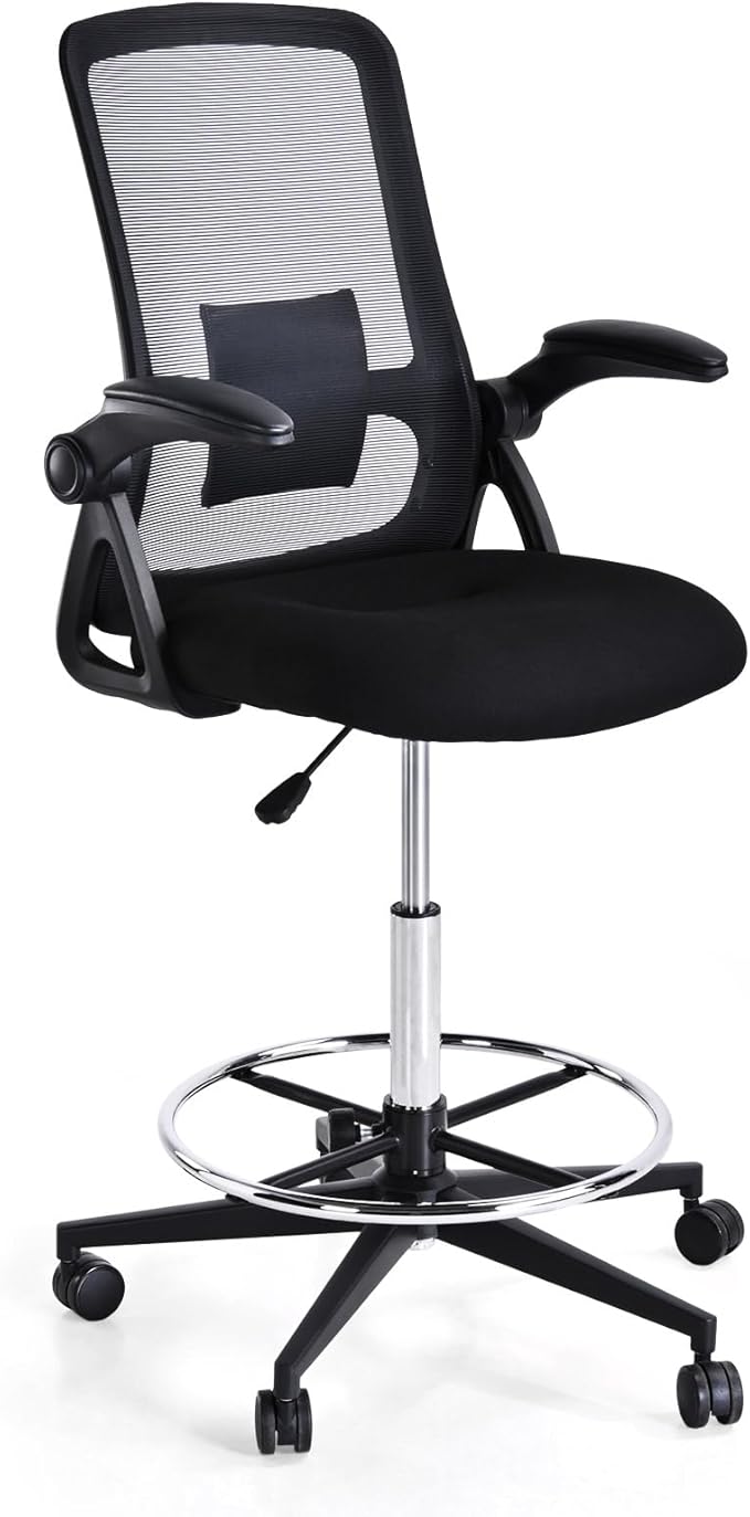 Drafting Chair with Mesh Backrest, Foot Ring,Tall Office Chair with Flip-Up Armrest,Set of 2 Counter Height Office Swivel Standing Desk Chair with Lumbar Support for Home,Office,Bar