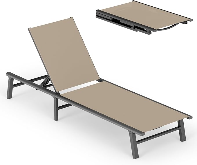 Ciokea Upgraded Aluminum Outdoor Lounge Chair - No Assembly Needed, Foldable Patio Chaise Lounge with 5 Adjustable Positions, Reinforced Frame for Extra Durability, Pool Beach Lounge Chair, Khaki