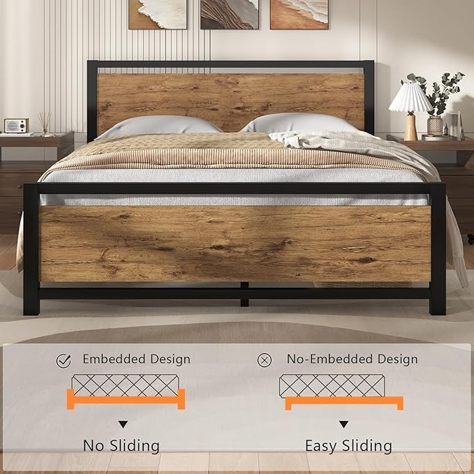 Full Size Bed Frames with Headboard, Industrial Style Full Bed Frame, Bed Frame Full Size with Wooden Footboard, No Box Spring Needed, Noise-Free, Easy Assembly, Black Brown