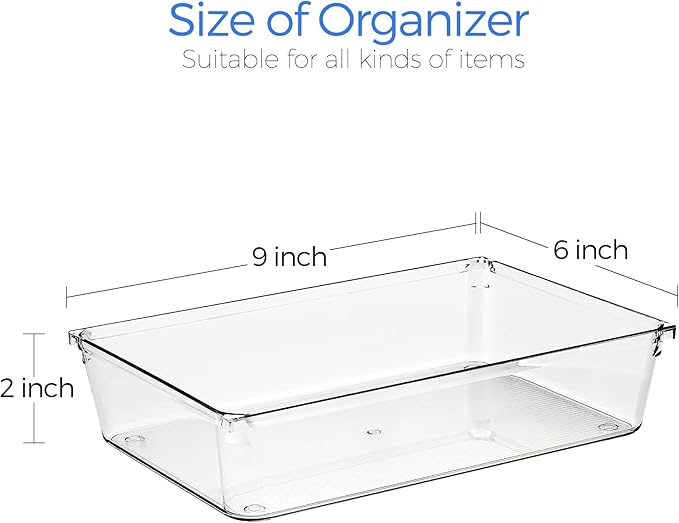 Ravinte 6 Pack Drawer Organizer - 6" X 9" Plastic Storage Bins, Acrylic Organizers with Non-Slip Pads Clear Desk Storage Tray for Makeup, Jewelries, Kitchen Utensils, Bathroom and Office