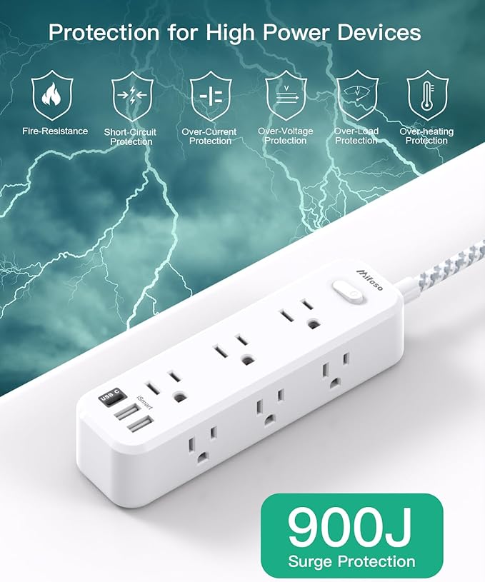 Mifaso Extension Cord, Surge Protector Power Strip, Long Extension Cord with 9 Outlets 3 USB Ports, Extension Cord with Multiple Outlets, USB Power Strip for Dorm Room Essentials, College (20FT,White)