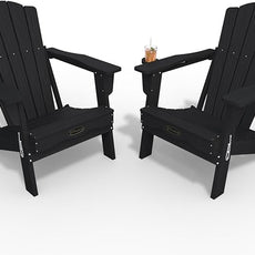 Adirondack Chair Set of 2, Folding All-Weather Outdoor HDPE Patio Chair with Cup Holder, Black