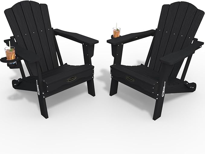 Adirondack Chair Set of 2, Folding All-Weather Outdoor HDPE Patio Chair with Cup Holder, Black