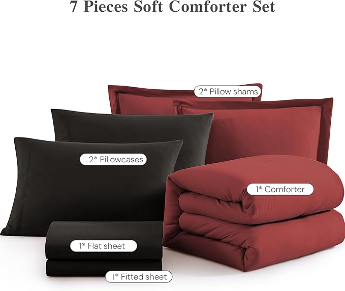 WRENSONGE Full Size Comforter Sets, 7 Pieces Bright Red Bed in a Bag with Fitted Sheet, Flat Sheet, 2 Pillow Shams, 2 Pillowcases, Warm Bedding Sets for All Season