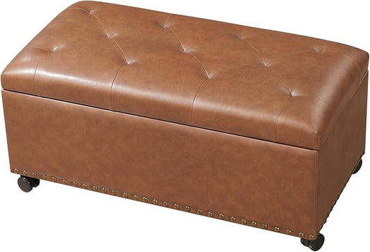 Joveco Storage Ottoman Bench 35" Faux-Leather Rectangular Tufted Ottomans Storage Room Organizer with Wheels(Ochre Yellow)