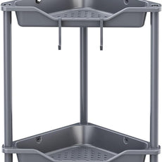 Orimade Rustproof 2 Tier Floor Standing Corner Shower Caddy Organizer, Plastic Metal Splicing Floor Corner Shelf Rack Stands for Bathroom, Grey