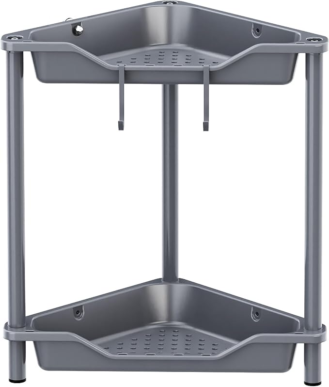 Orimade Rustproof 2 Tier Floor Standing Corner Shower Caddy Organizer, Plastic Metal Splicing Floor Corner Shelf Rack Stands for Bathroom, Grey