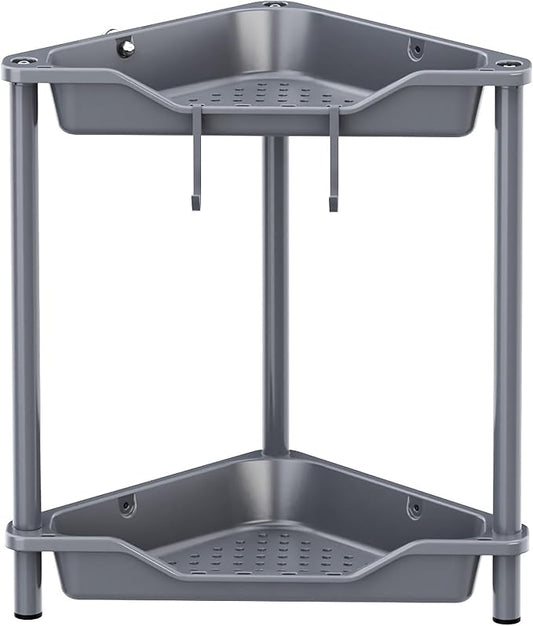 Orimade Rustproof 2 Tier Floor Standing Corner Shower Caddy Organizer, Plastic Metal Splicing Floor Corner Shelf Rack Stands for Bathroom, Grey