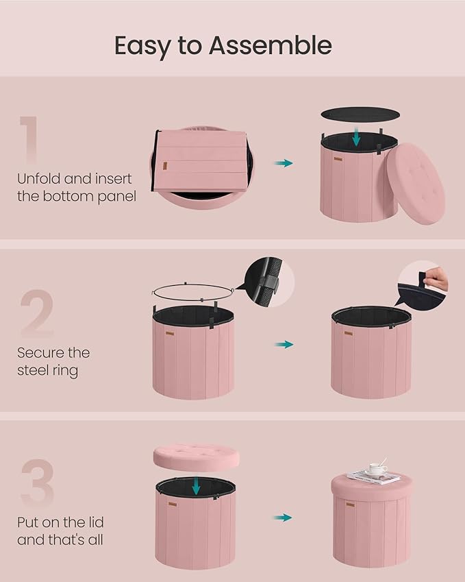 SONGMICS Mazie Collection - Round Storage Ottoman, Folding Footrest Stool with Removable Lid, Easy Assembly, Velvet Vanity Stool for Bedroom, Living Room, Entryway, Jelly Pink ULSF608R01