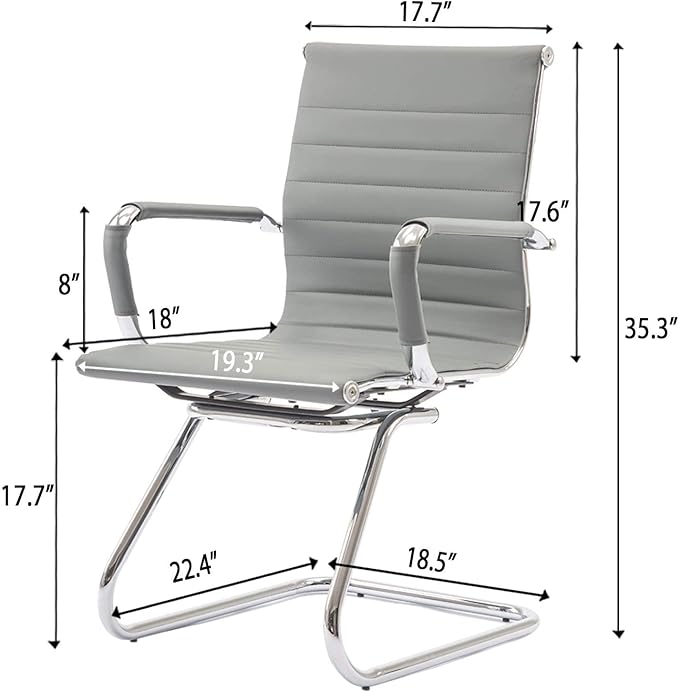 Office Desk Chair No Wheels Set of 4 PU Leather Computer Chairs Mid Back Guest Chairs for School Reception Conference Waiting Room, Grey