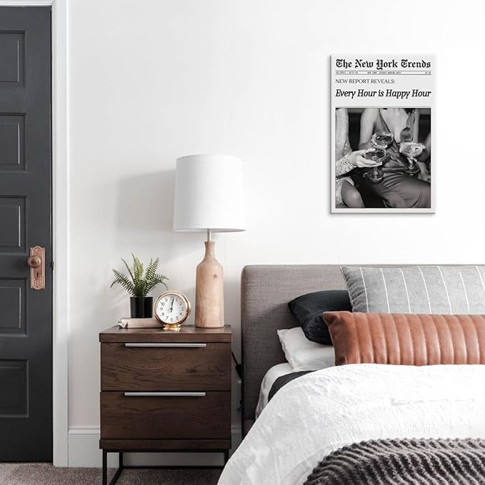 Retro New York Trends Wall Art Black and White Newspaper Poster Every Hour Is Happy Hour Canvas Prints Funky Feminist Posters Trendy Alcohol Wall Decor for Bar Cart Hot Girl Dorm Room Decorative 24x36inch Framed