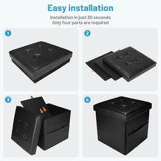 Storage Ottoman Foot Rest Stool, Small Leather Storage Ottomans Bench, Folding Footstool with Side Pockets, Foot Rest Under Desk for Living Room Bedroom, 15x15x15 in, Black