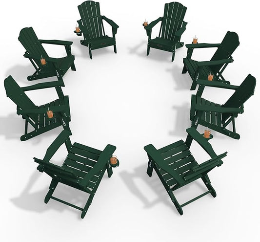 Adirondack Chair Set of 8, Folding All-Weather Outdoor HDPE Patio Chair with Cup Holder, Green
