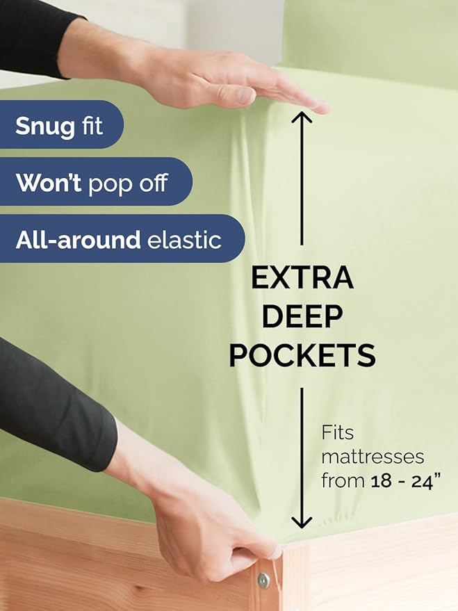 Extra Deep Pocket Queen Sheet Set - 4 Piece Breathable & Cooling Bed Sheets - Hotel Luxury Sheet Set - Soft, Wrinkle Free and Comfy - Fits Extra Deep Mattresses - Deep Pocket Light Sage Green Sheets