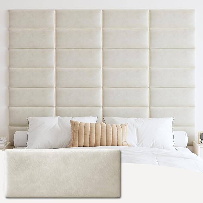 IFNOW Wall Mounted Upholstered Headboard Queen, 3D Peel and Stick Soundproof Panels, Reusable and Removable Padded Leather Bed Headboard, 9 Panels 9.84" x 23.62", Ivory White