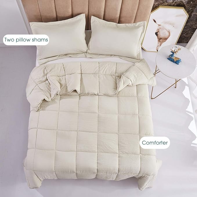 HIG Pre Washed Down Alternative Comforter Set King - Reversible Chic Quilt Design - Box Stitched with 4 Corner Tabs - Lightweight for All Season - Camel Duvet Comforter with 2 Pillow Shams