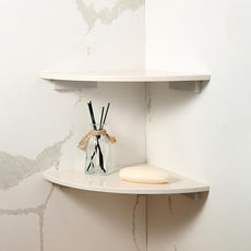 Koville Marble Corner Shower Shelf for Bathroom, 10'' Polished Marble Corner Shelves for Bath, Wall Mounted Stone Corner Shower Caddy, No Drilling Adhesive Shower Shelf - Rigel Yellow (2-Layer)