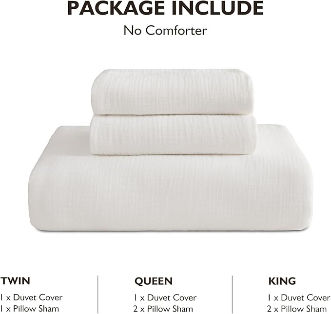 EMME Muslin Duvet Cover Queen Size Cream White, 100% Cotton Linen Like Comforter Cover Soft Breathable Lightweight Gauze Duvet Cover with 2 Pillowcases, 90"x90"