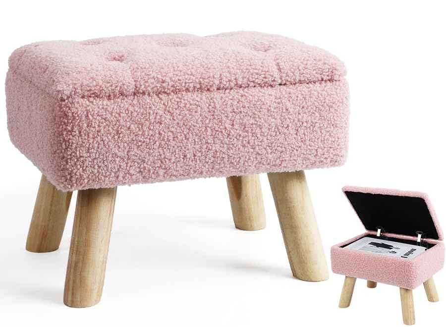 OGEMXU Storage Ottoman, Small Foot Stool Ottoman with Storage, Boucle Teddy Velvet Foot Rest with Padded Seat, Sturdy Wood Legs Stool for Living Room, Bedroom, Couch, Enterway (Cream) Dormly