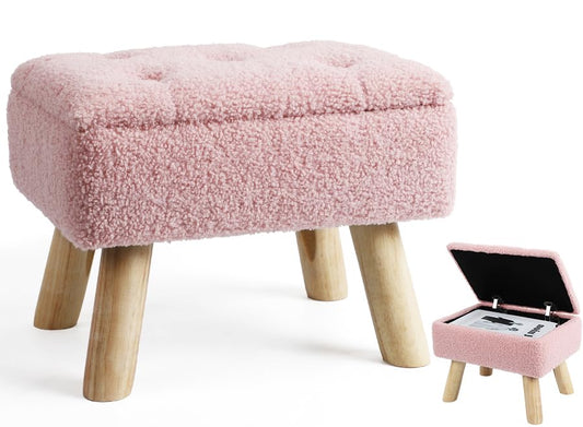 OGEMXU Storage Ottoman, Small Foot Stool Ottoman with Storage, Boucle Teddy Velvet Foot Rest with Padded Seat, Sturdy Wood Legs Stool for Living Room, Bedroom, Couch, Enterway (Cream) Dormly