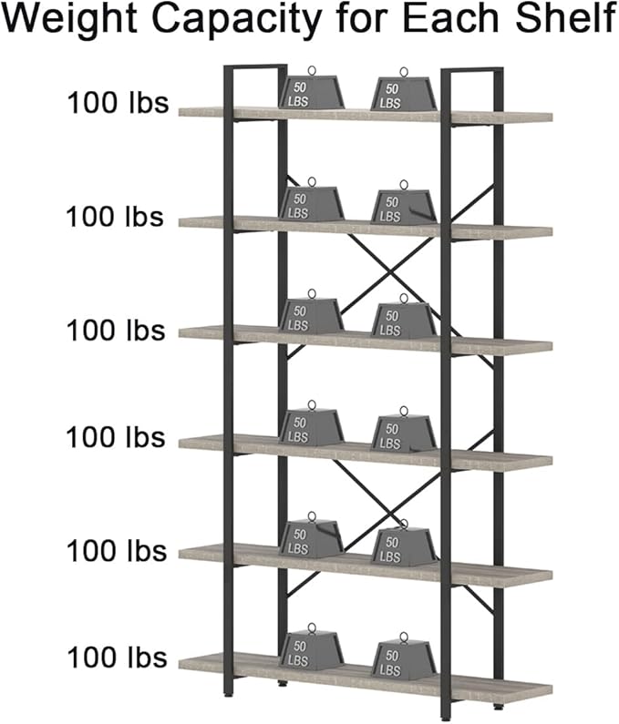 HSH 6 Tier Tall Bookshelf, Metal Wood Vertical Display Book Shelf, Industrial 6 Shelf Bookcases and Book Shelves Storage Rack, Large Open Book Case for Bedroom Living Room Office, Light Grey Oak