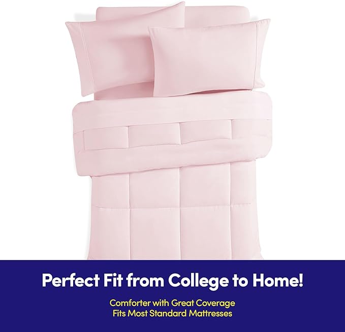Dorm Room Essentials College Bedding Comforter Set 5 Piece Twin XL Size Bed in a Bag for College Students Boys and Girls, Twin XL, Pale Pink