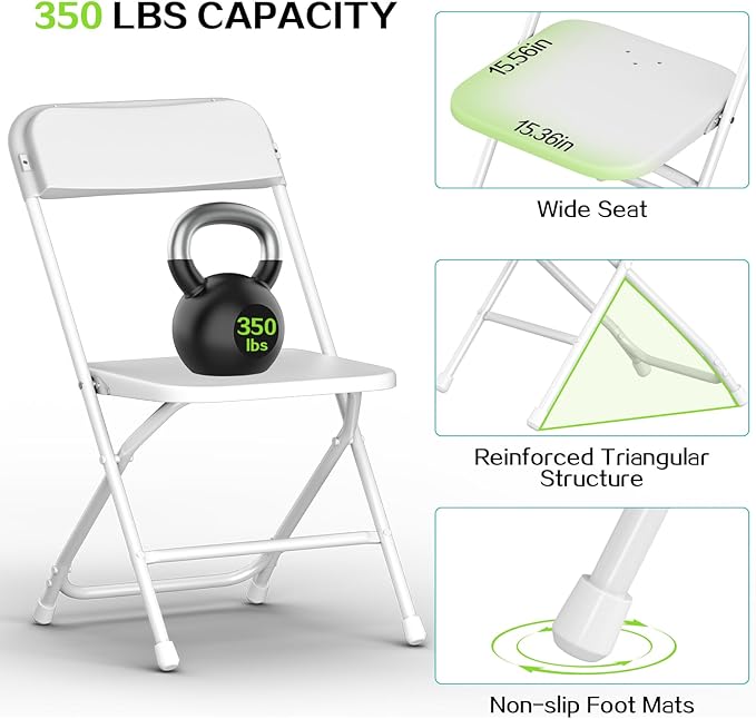 Folding Chair10Pack,White Folding Chairs for Indoor Outdoor,Portable Plastic Stackable Commercial Seat with Steel Frame 350lb.Capacity for Party Events Wedding Dining Picnic Office
