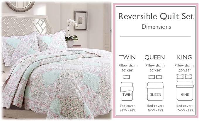 Cozy Line Home Fashions 100% Cotton Real Patchwork Floral Pink Rose Shabby Chic Girly Reversible Quilt Bedding Set, Coverlet Bedspread (La Rosa Rêve, Queen - 3 Piece)