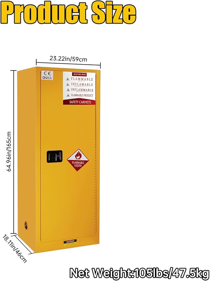 60 Gallons Fire Safety Storage Cabinet, 18.11" D x 23.22" W x 64.96" H Large Metal Cabinet with Adjustable Shelf, Flammable Liquid Storage Cabinet for Commercial Industrial Home
