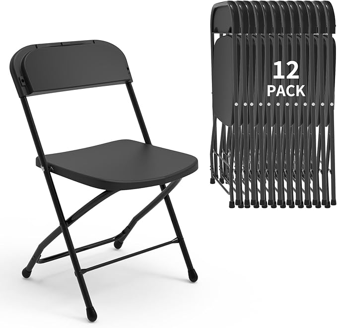 SHGJ&SOFT Set of 12 Folding Chairs, Plastic Seat and Backrest, Black Metal Frame Chair, Suitable for Indoor and Outdoor,Capacity 350 lbs (Black, 12-Pack)