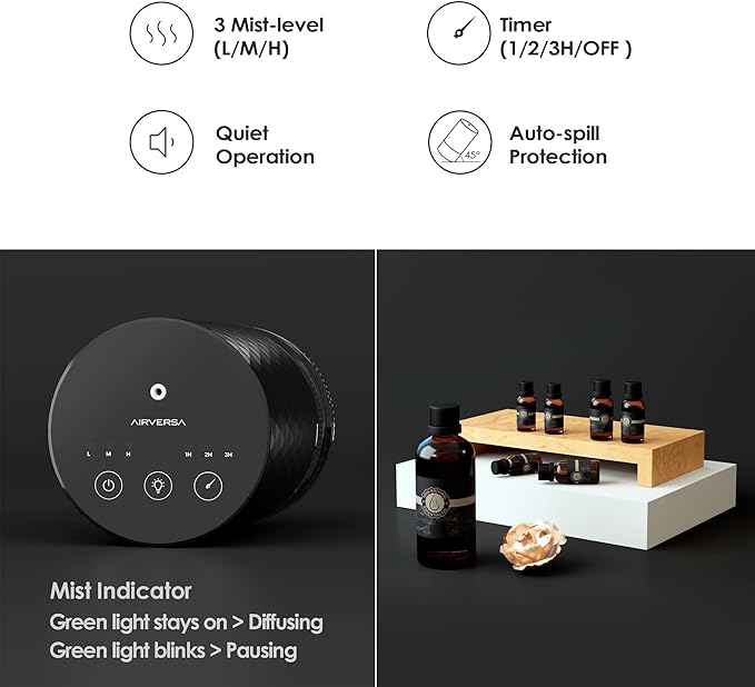 Airversa Waterless Diffuser Essential Oil 100mL Capacity Scent Air Machine for Home Aromatherapy Premium Metal Nebulizer Battery Operated 3 Mist Settings 3 Countdown Timers Color Light AN5(Black)