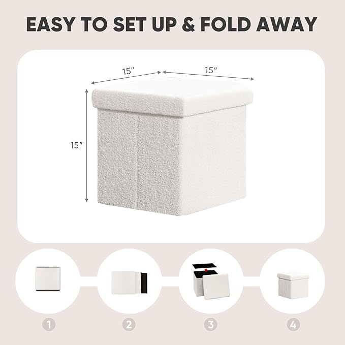 PINPLUS Storage Ottoman Cube Square Shaped Ottomans with Storage Foot Stool Footrest for Lving Room Boucle Ottoman Seat for Dorm Room,Faux Teddy Fur White,15"x15"x15"
