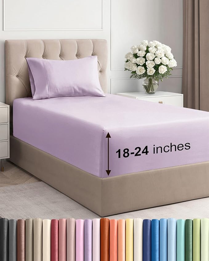 Extra Deep Pocket Twin XL Sheets - 3 Piece Breathable & Cooling Bed Sheets - Hotel Luxury Bed Sheet Set - Soft, Wrinkle Free & Comfy - Easily Fits Extra Deep Mattresses - Light Lavender Sheets Set