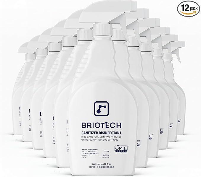 BRIOTECH Sanitizer Disinfectant Hypochlorous Spray, Kill 99.99% of Viruses & Bacteria, Control Mold, Eliminate Odor, Gentle for Nursery & Play Rooms, Food Contact Surface Sanitizer, 32 fl oz (12 Pack)