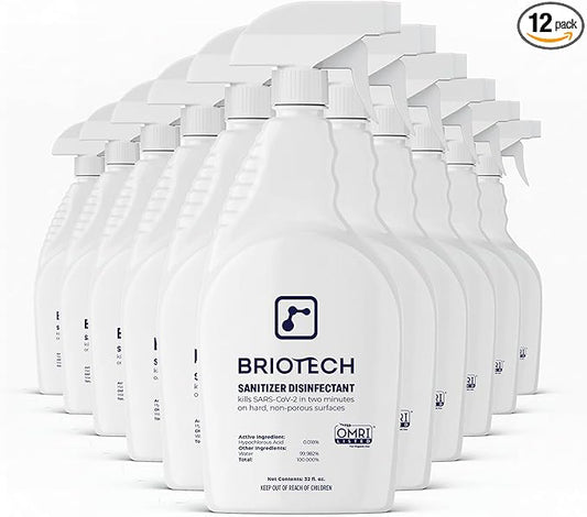 BRIOTECH Sanitizer Disinfectant Hypochlorous Spray, Kill 99.99% of Viruses & Bacteria, Control Mold, Eliminate Odor, Gentle for Nursery & Play Rooms, Food Contact Surface Sanitizer, 32 fl oz (12 Pack)