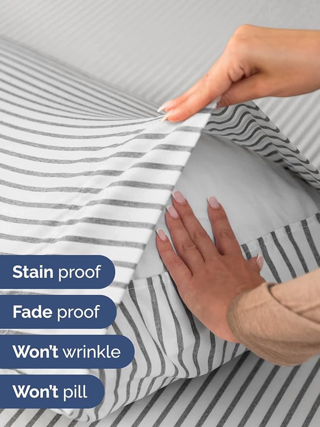 Extra Deep Pocket Split King Sheets - 5 Piece Breathable & Cooling Bed Sheets - Hotel Luxury Bed Sheet Set - Soft, Wrinkle Free & Comfy - Easily Fits Extra Deep Mattresses - Grey Striped Sheets Set