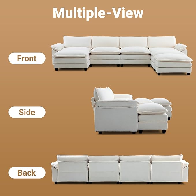 VINGLI 157" Cloud Teddy White Convertible Sectional Sofa, Comfy U-Shape Extra Deep Seat Sofa Couch for Living Room,Modern Chenille 4-Seat Convertible Sofa with 3 Movable Ottomans for Small Space
