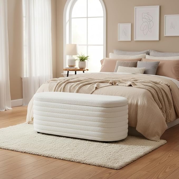 Storage Teddy Ottoman Bench Upholstered Fabric Storage Bench End of Bed Stool with Safety Hinge for Bedroom, Living Room, Entryway, Closet(44.5", White)