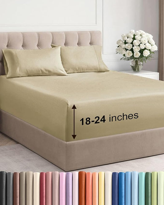 Extra Deep Pocket King Sheets - 4 Piece Breathable & Cooling Bed Sheets - Hotel Luxury Bed Sheet Set - Soft, Wrinkle Free & Comfy - Easily Fits Extra Deep Mattresses - Deep Pocket Beige Sheets Set