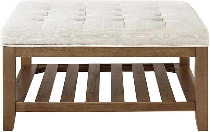 24KF Large Square Upholstered Tufted Linen Ottoman Coffee Table, Large Footrest Ottoman with Solid Wood Shelf-Ivory