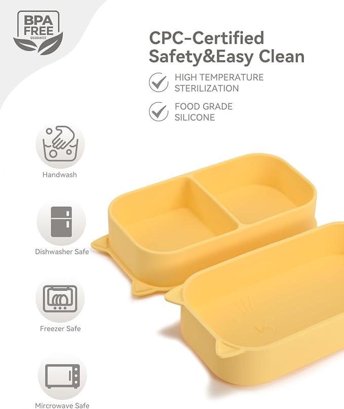 Portable Baby Plates with Suction, 6Pcs Travel Silicone Feeding Set for Toddlers, Foldable, Non-Slip Dishwasher Safe Plates & Utensils, BPA Free, Cat Design Gift Ready(Pale Yellow)