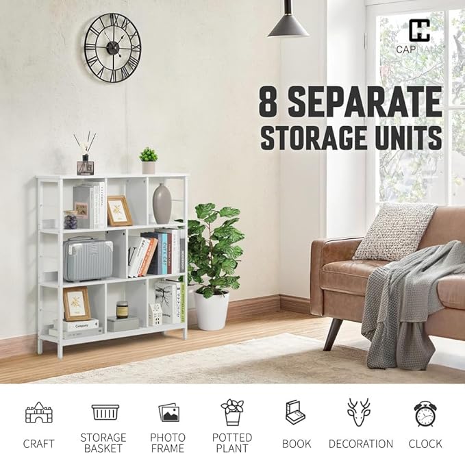 CAPHAUS 8 Cube Storage Organizer, 40” Wide 3 Tier White Industrial Open Shelf Bookcase, Display Shelf, Horizontal Bookshelf with Metal Frame, Wooden Board, for Living Room, Bedroom, Office