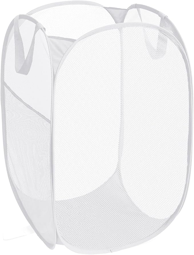 Durable Collapsible Laundry Baskets, Reinforced Mesh Pop Up Laundry Hamper, Foldable Clothes Hampers with Carry Handles for Laundry, Bathroom, Kids Room, Dorm or Travel White
