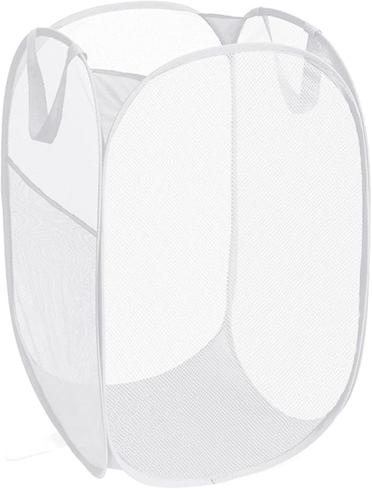Durable Collapsible Laundry Baskets, Reinforced Mesh Pop Up Laundry Hamper, Foldable Clothes Hampers with Carry Handles for Laundry, Bathroom, Kids Room, Dorm or Travel White
