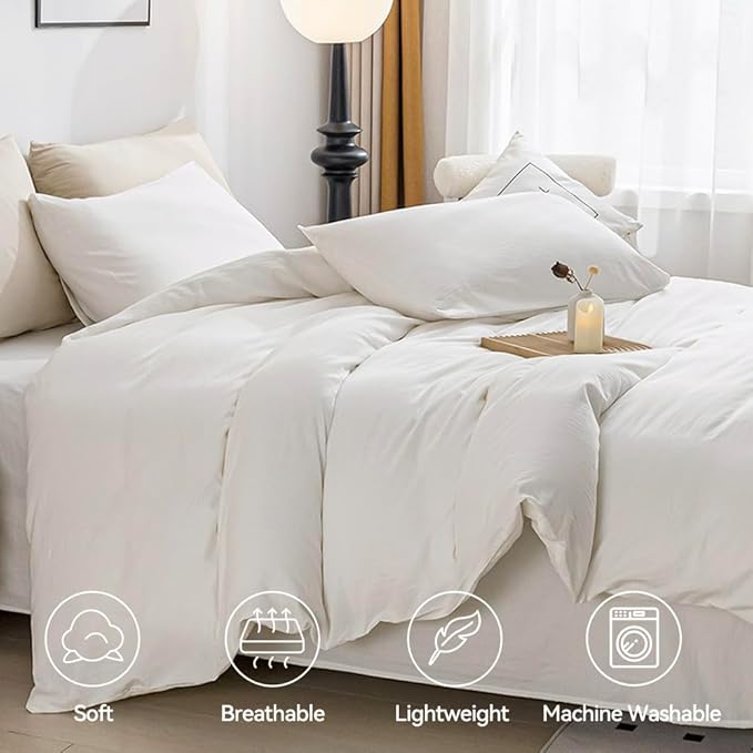 JELLYMONI White Duvet Cover Oversized King Size - 100% Washed Cotton Lightweight Cooling Comforter Cover, 3 Pieces Soft Bedding Set with Zipper Closure (Off White, 120"x98")